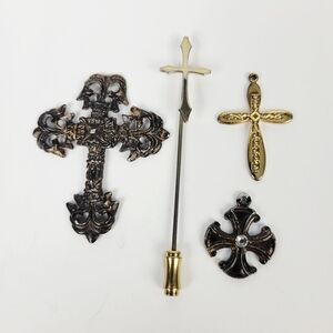 Vtg Cross Crucifix Pendants Stick Hat Pin~Rhinestone~Gold Tone~Lot of 4